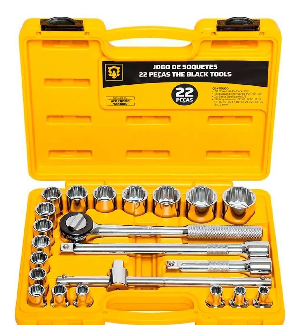 Jogo Kit De Soquetes Ferramentas Manuais Chave Catraca Reversível 12 Pol 8 A 32mm Cor Amarelo Bcs022 The Black Tools