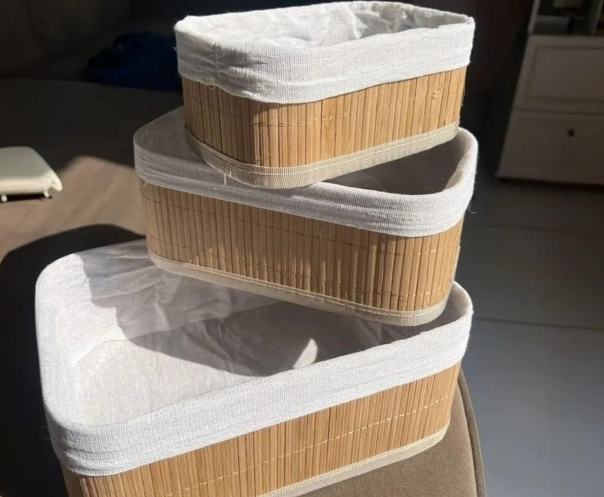 Kit 3 Cestos Organizadores De Bambu Com Forro