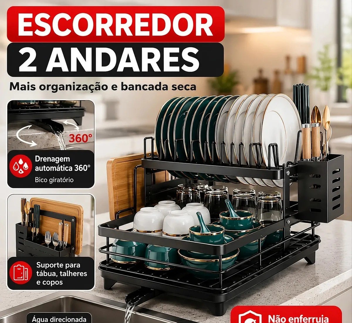 Escorredor De Louça Inoxidável 2 Andares Drenagem Automática Bandeja Grande 360o Organizador Pia Com Porta Talheres Tigelas Pratos