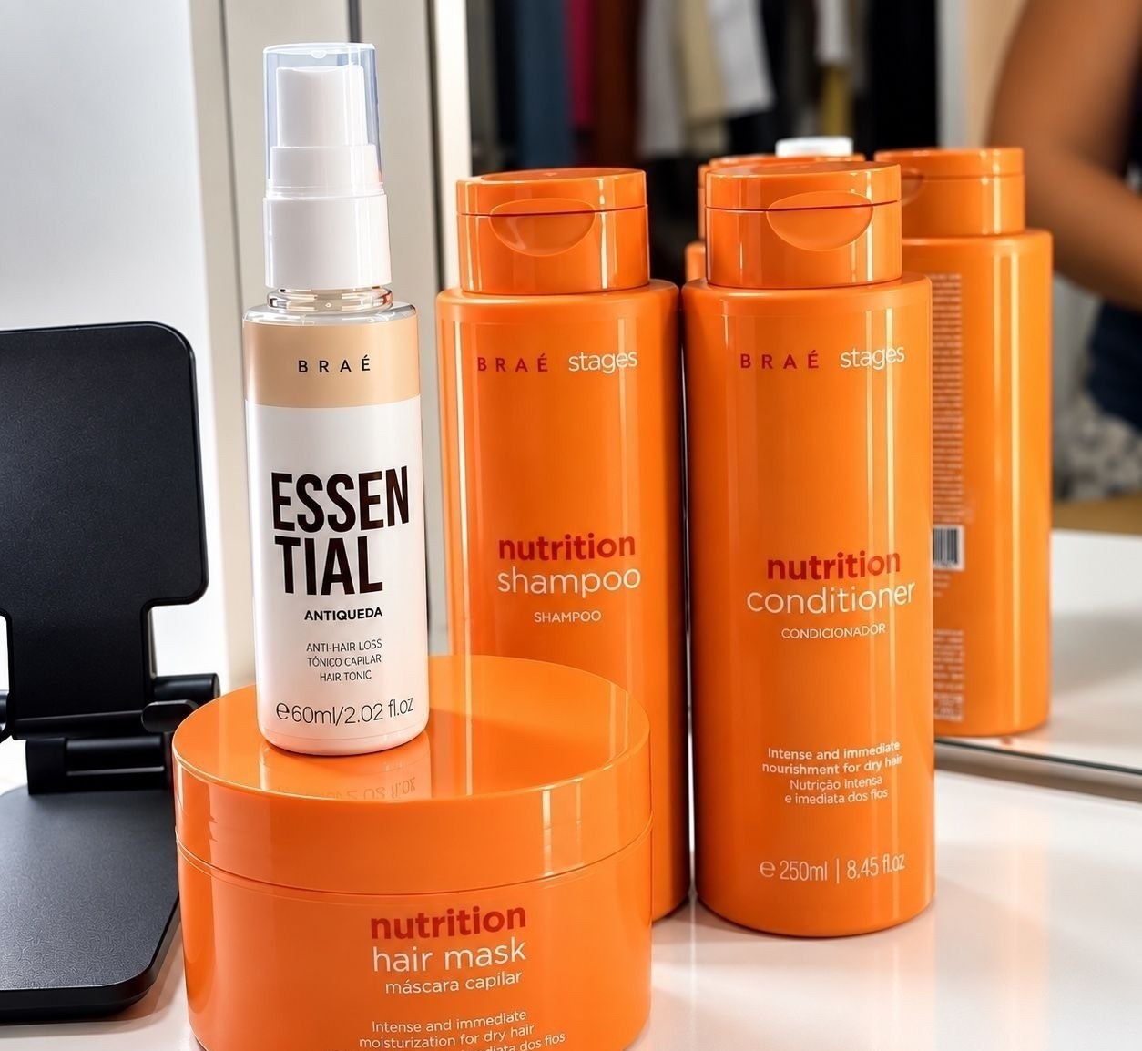 Kit Braé Stages Nutrition Shampoo 250ml  Condicionador 250ml  Máscara 200g  Essential 60ml