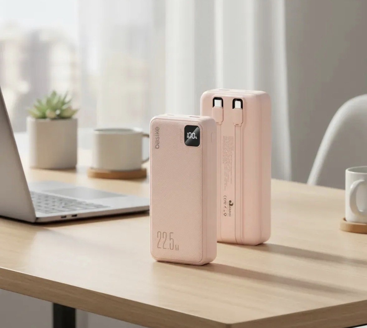 Power Bank Basike 20000mAh Rosa, Carga Rápida 22.5W para iPhone e Samsung, Com Cabos Embutidos e Display