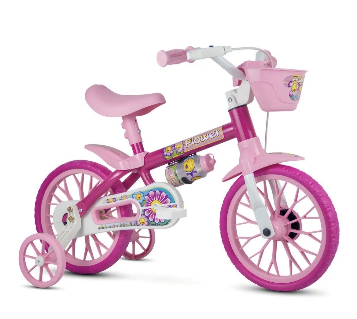Bicicleta Infantil Aro 12 Menina Nathor Flower Rodinha Cesta 2 a 5 Anos
