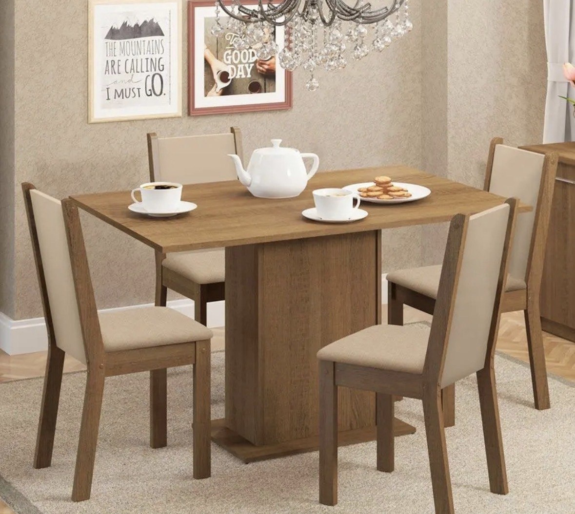 Sala De Jantar Madesa Talita Mesa Tampo Madeira 4 Cadeiras Cor RusticCremaPérola Desenho do tecido das cadeiras Liso
