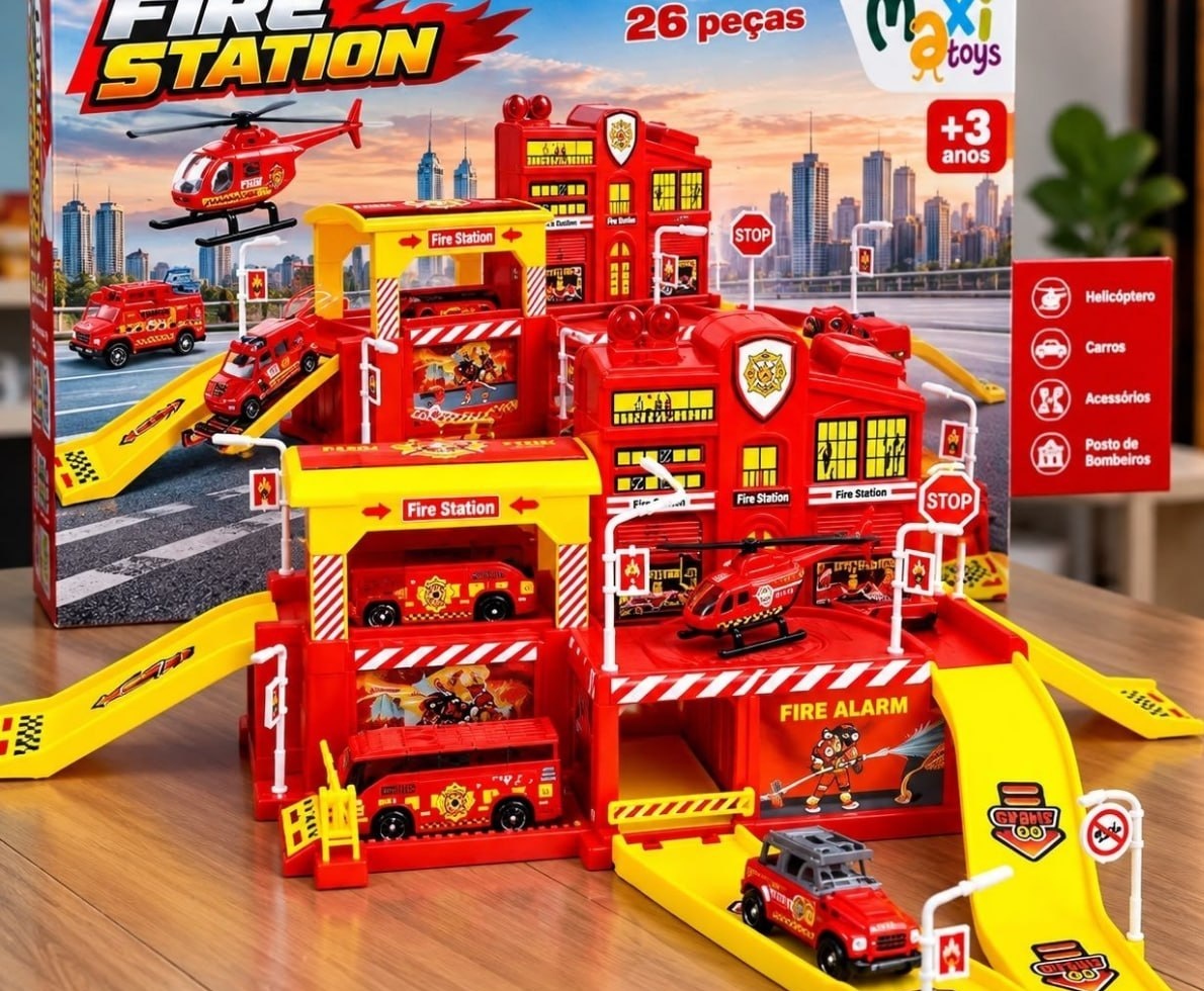 Pista de Carrinhos Infantil Bombeiro com 5 Veículos e Acessórios Maxi Toys