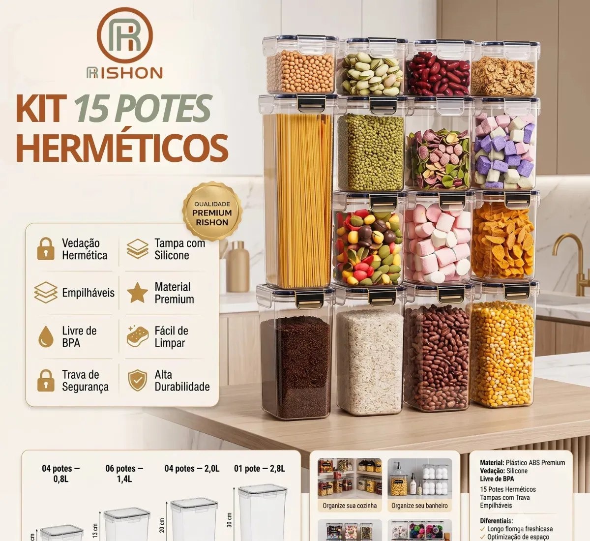 Kit 15 Potes Hermético Cadence Mantimentos Retangular Cozinha Branco Rishon 2,24 Litros