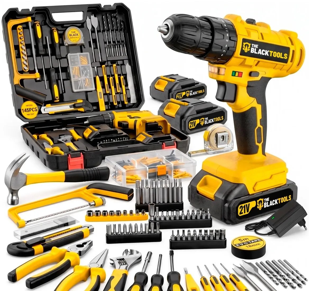 Parafusadeira Furadeira De Impacto The Black Tools Profissional 2 Baterias Com Maleta  Kit Acessórios 145 Peças Tbkit19