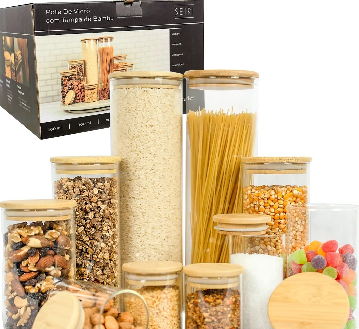 Kit 10 Potes Herméticos Vidro Tampa Bambu Seiri