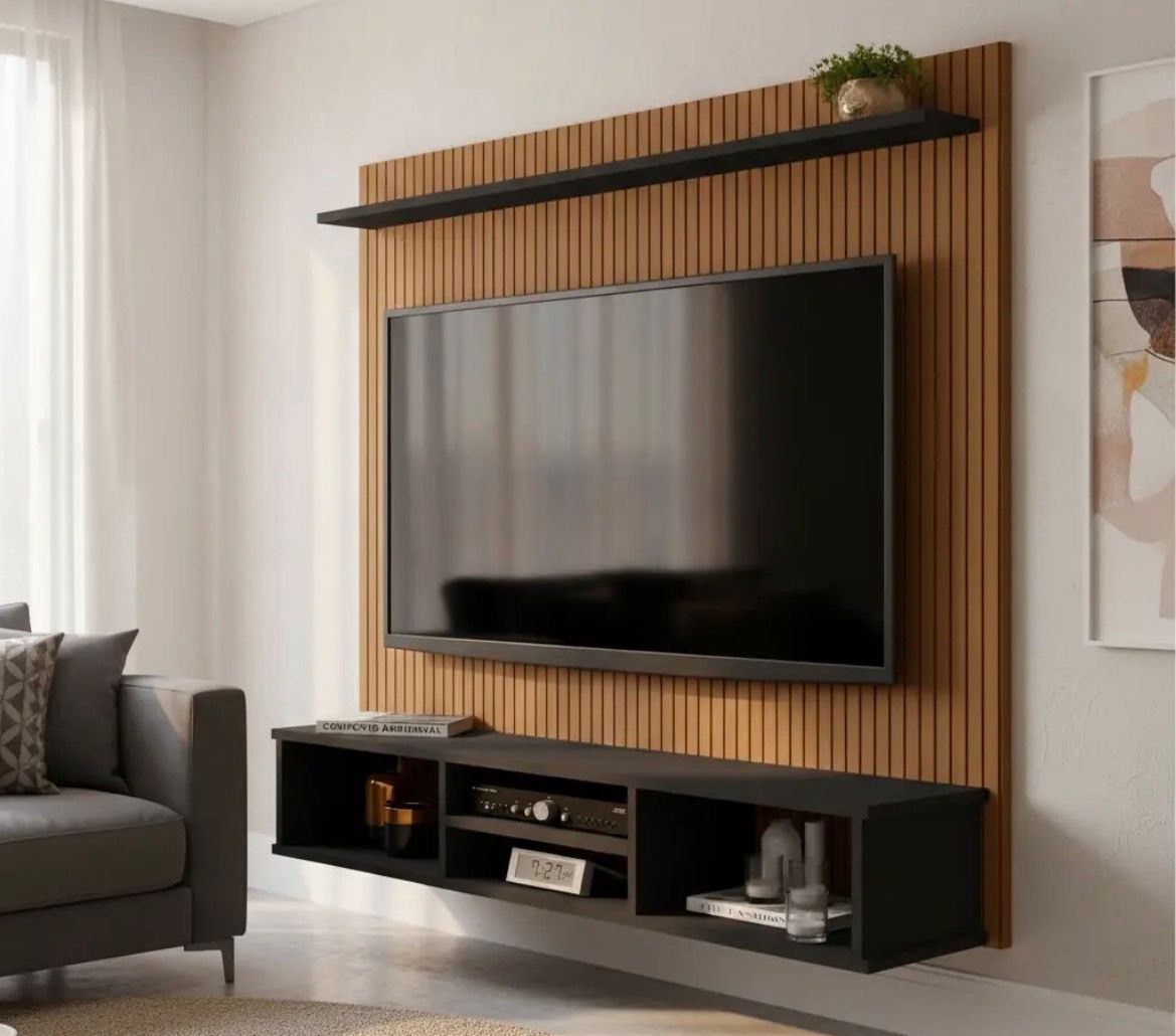 Painel TV Ripado Preto 3D com Nichos e Prateleira 50 Polegadas