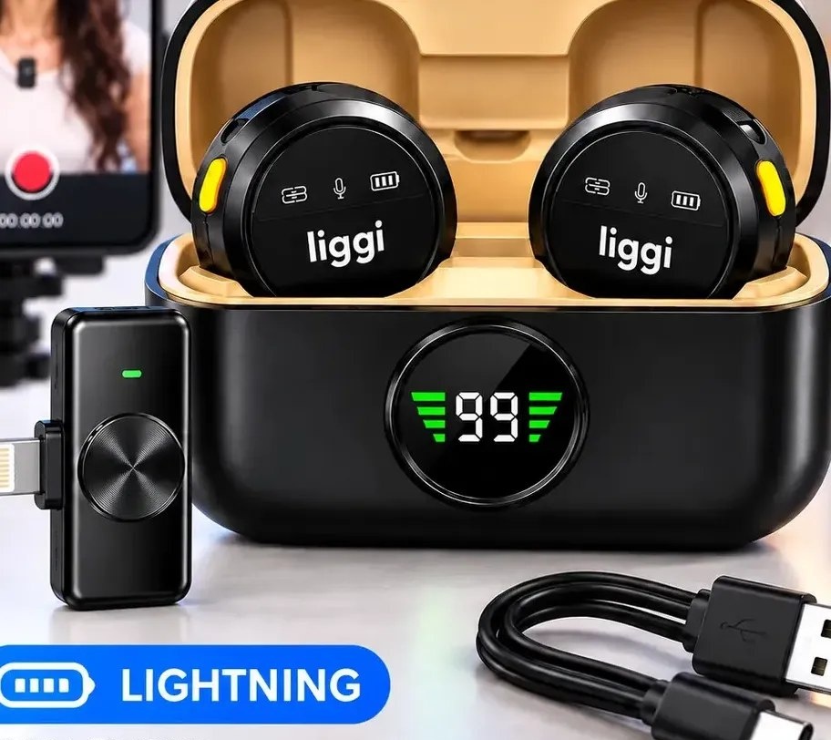 Microfone Lapela Redondo Ímã Sem Fio Preto Duplo Anti-Ruído Lightning iPhone 8 ao 14