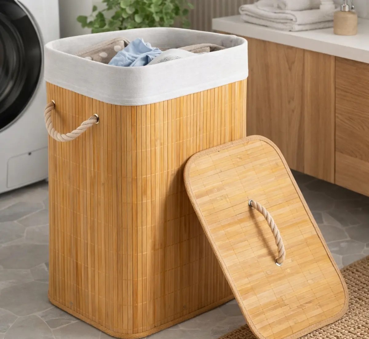 Cesto De Roupa Suja Bambu Dobrável Com Tampa Alças 72 Litros
