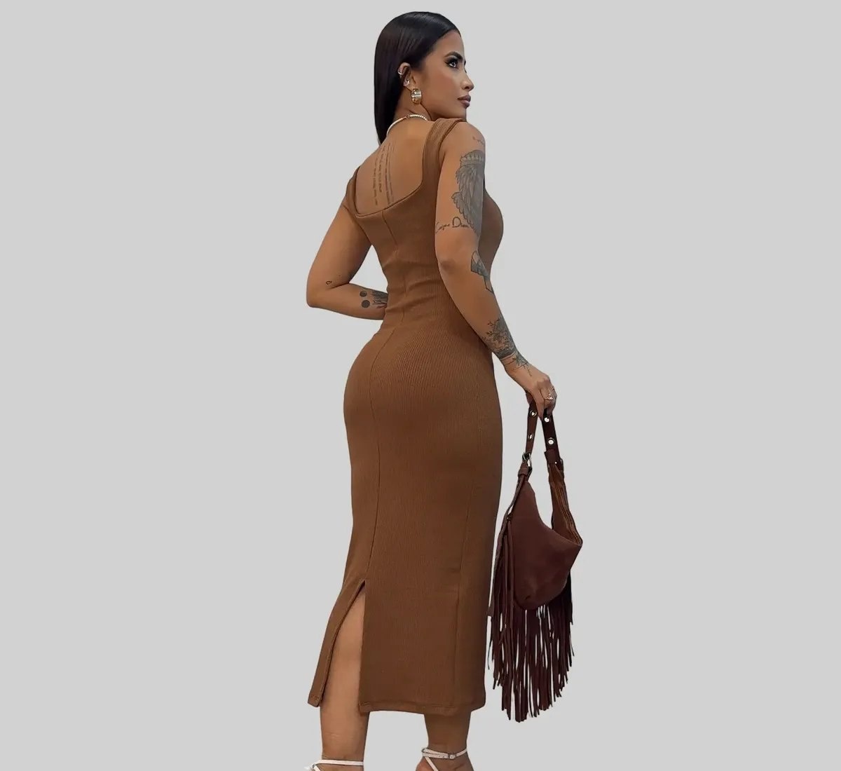 Vestido Longo Casual Festa Alça Grossa Fenda Moda Elegante