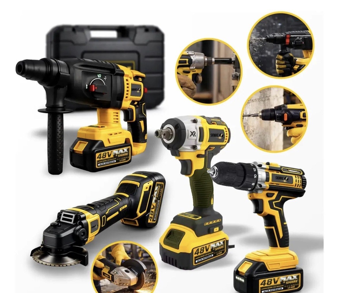 Kit Multi Ferramentas 4 Em 1 48v Sem Fio Com 2 Baterias Furadeira Parafusadeira Martelete Esmerilhadeira Chave De Impacto Com Maleta Alta Potência Uso Profissional E Doméstico Simake