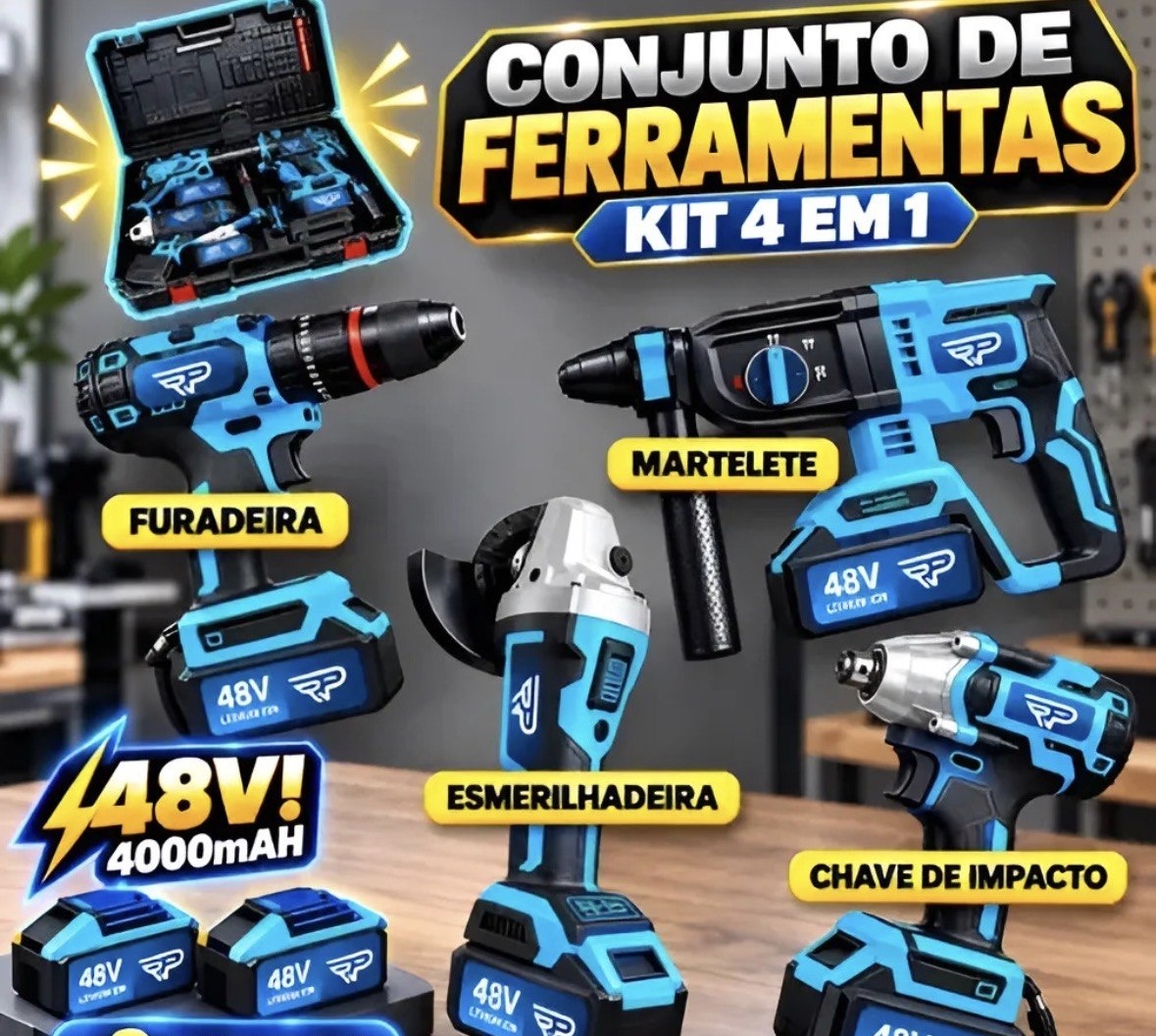 Kit Furadeira Martelete Impacto Esmerilhadeira 48v Elétrica