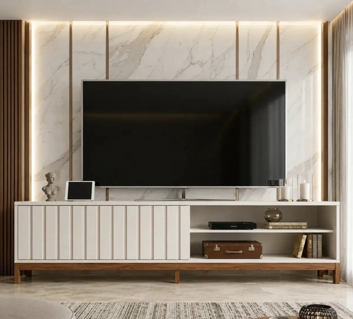 Rack Bancada Para Tv Até 75 Aurora 1.8 Mobler 1 Porta Com Pés Design Sala Moderna Cor Pérola Metalizadocinamomo Mel