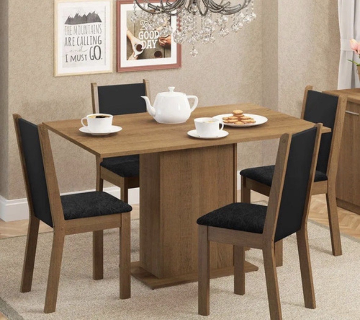 Sala De Jantar Madesa Talita Mesa Tampo Madeira 4 Cadeiras Cor RusticPretoOxford Desenho do tecido das cadeiras Liso