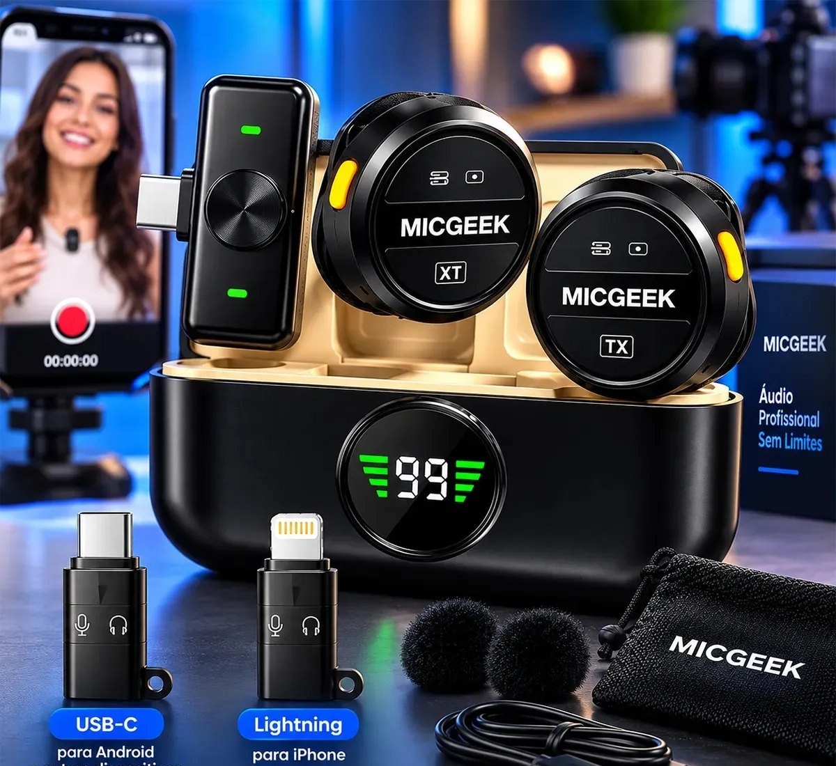 Microfone Lapela Redondo Sem Fio Tipo-C Duplo Anti Ruído