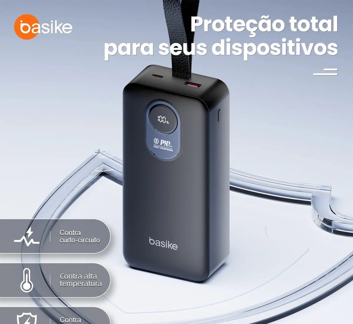 Power Bank Basike 30.000mAh Portátil, Carregamento Rápido 22.5W, com Cabos Embutidos e Display LED para iPhone e Samsung