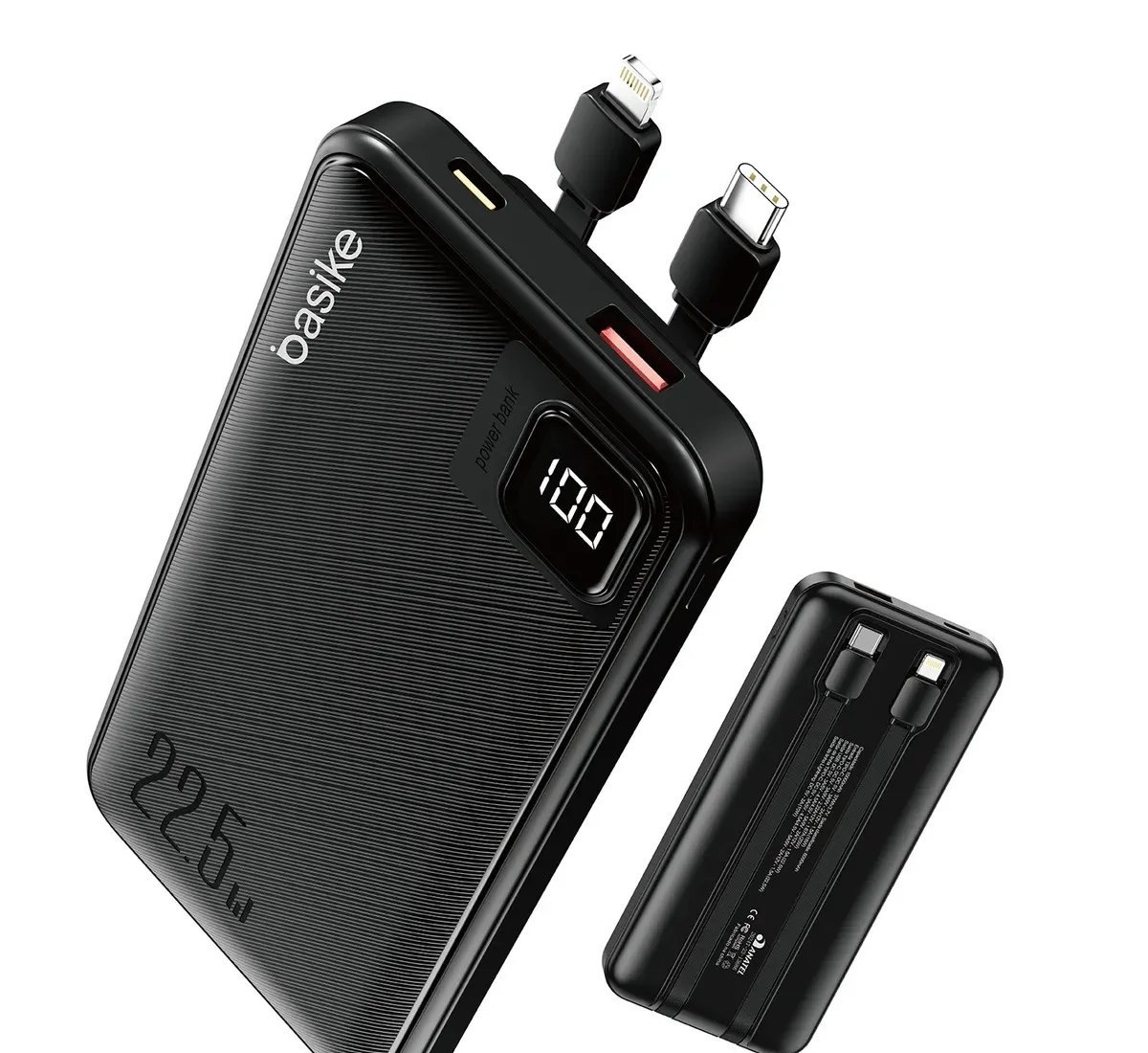 Power Bank Basike 10000mAh Preto, Carga Rápida 22.5W para iPhone e Samsung, Com Cabos Embutidos e Display
