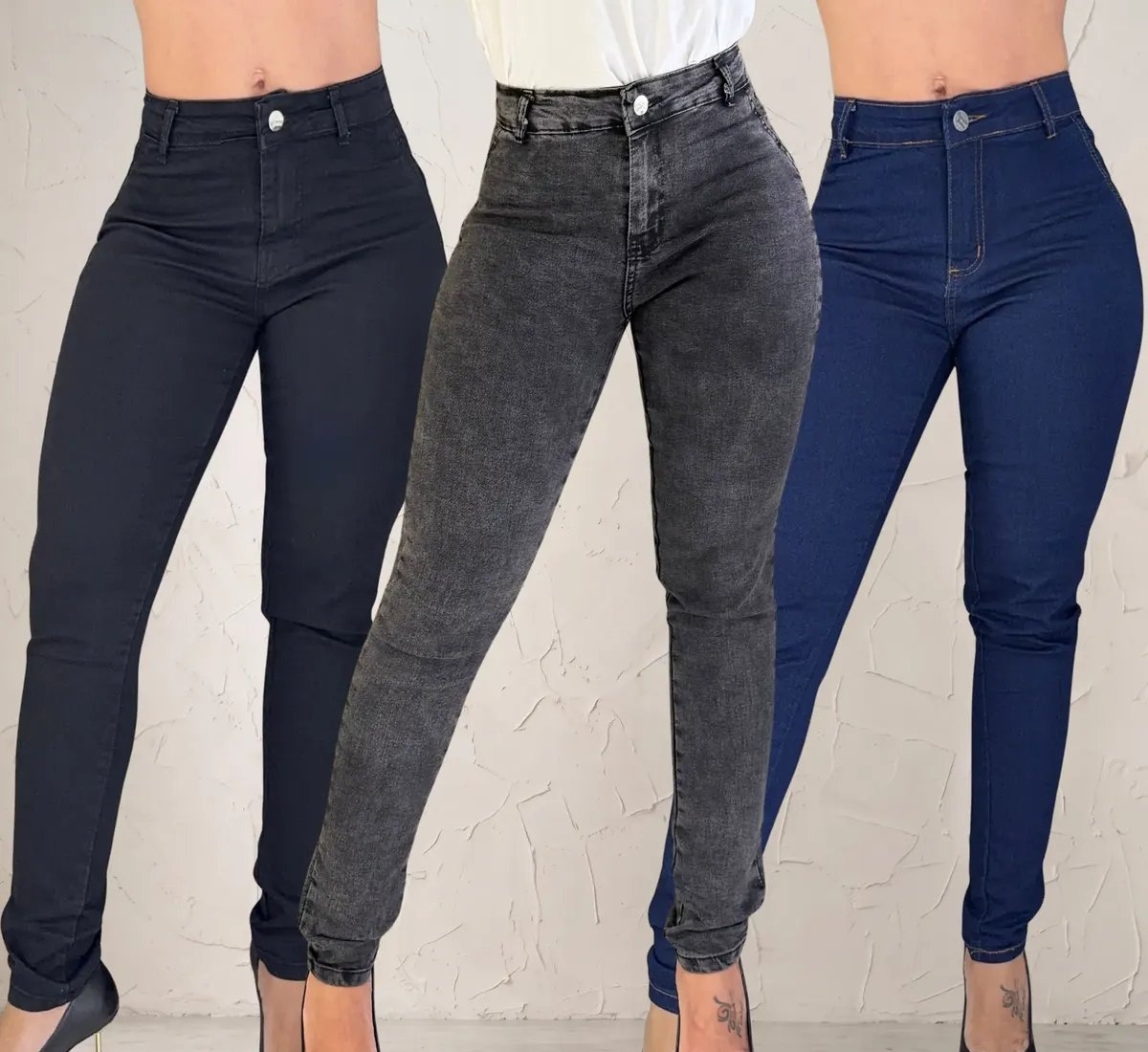 Kit 3 Calça Jeans Feminina Skinny Cintura Alta Premium