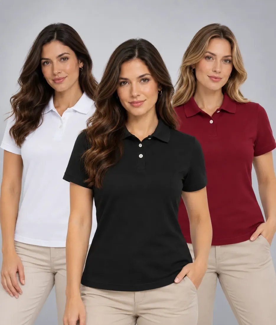 Kit 3 Camisas Polo Social Feminina .mm Algodão Manguinha