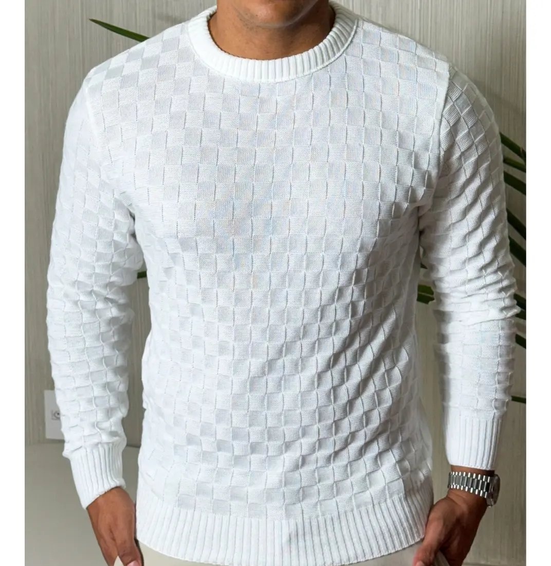 Suéter Lã Tricot Manga Longa Xadrez