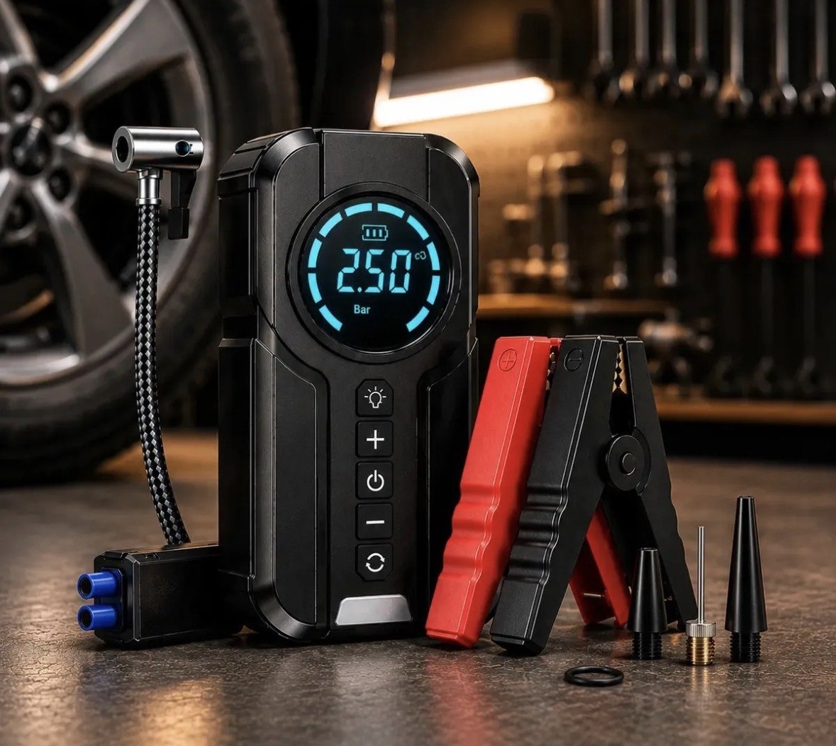 Auxiliar de Partida Bateria e Compressor de Ar Portátil 6 em 1 Inteligente para Carro, Moto e Bicicleta com Lanterna e Power Bank
