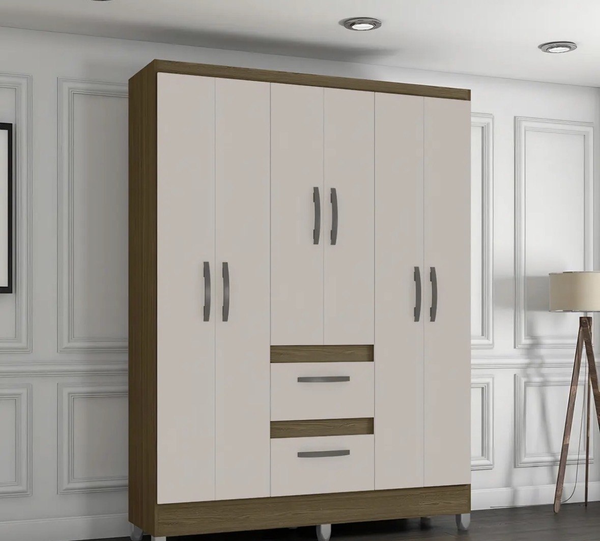 Guarda Roupa Solteiro 6 Portas 2 Gavetas Capri Poquema Cor Castanhooff White
