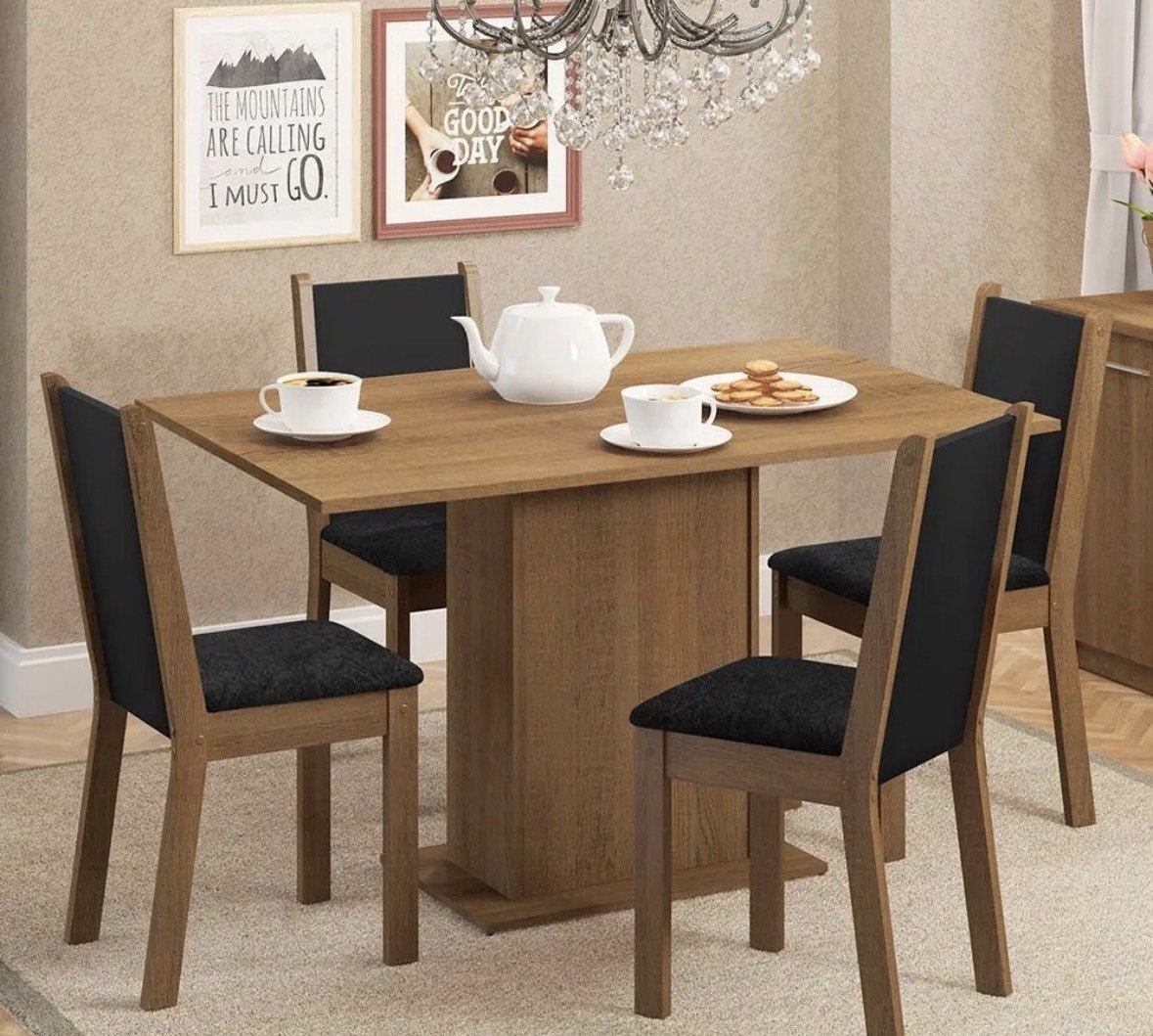 Sala De Jantar Madesa Talita Mesa Tampo Madeira 4 Cadeiras Cor RusticPretoOxford Desenho do tecido das cadeiras Liso