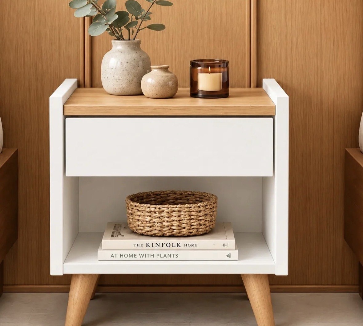 Mesinha de Cabeceira criado com gaveta para quarto de casal ou solteiro na cor Nature Amadeirado Branco Fosco Retro Luxo