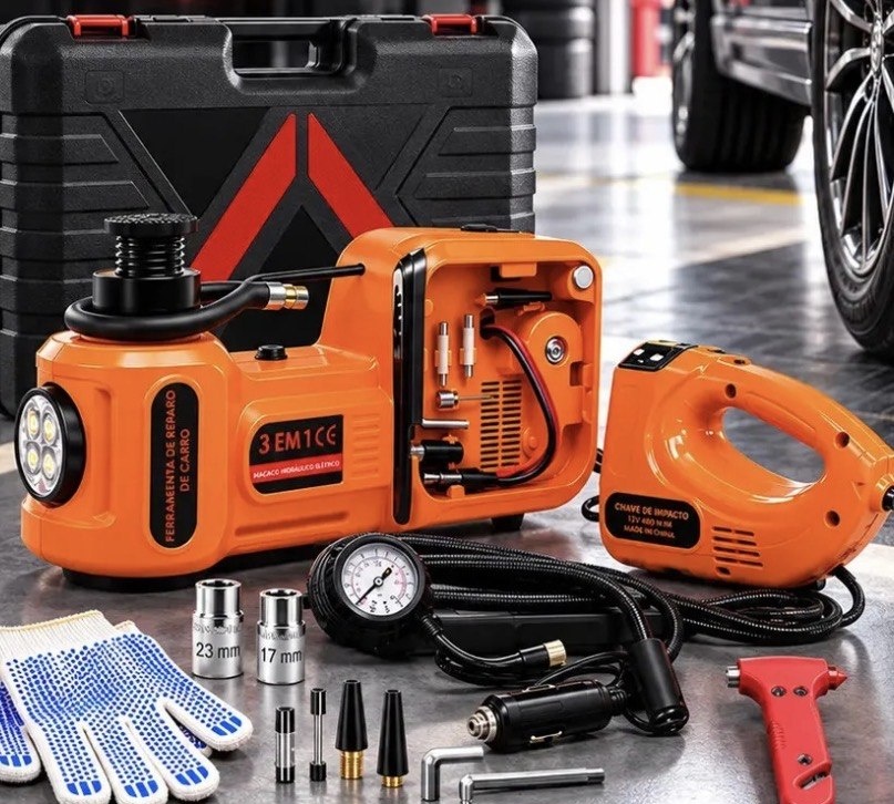 Kit Macaco Hidráulico Automotivo Elétrico 12V Troca Pneu Calibrador E Auxiliar Partida Completo
