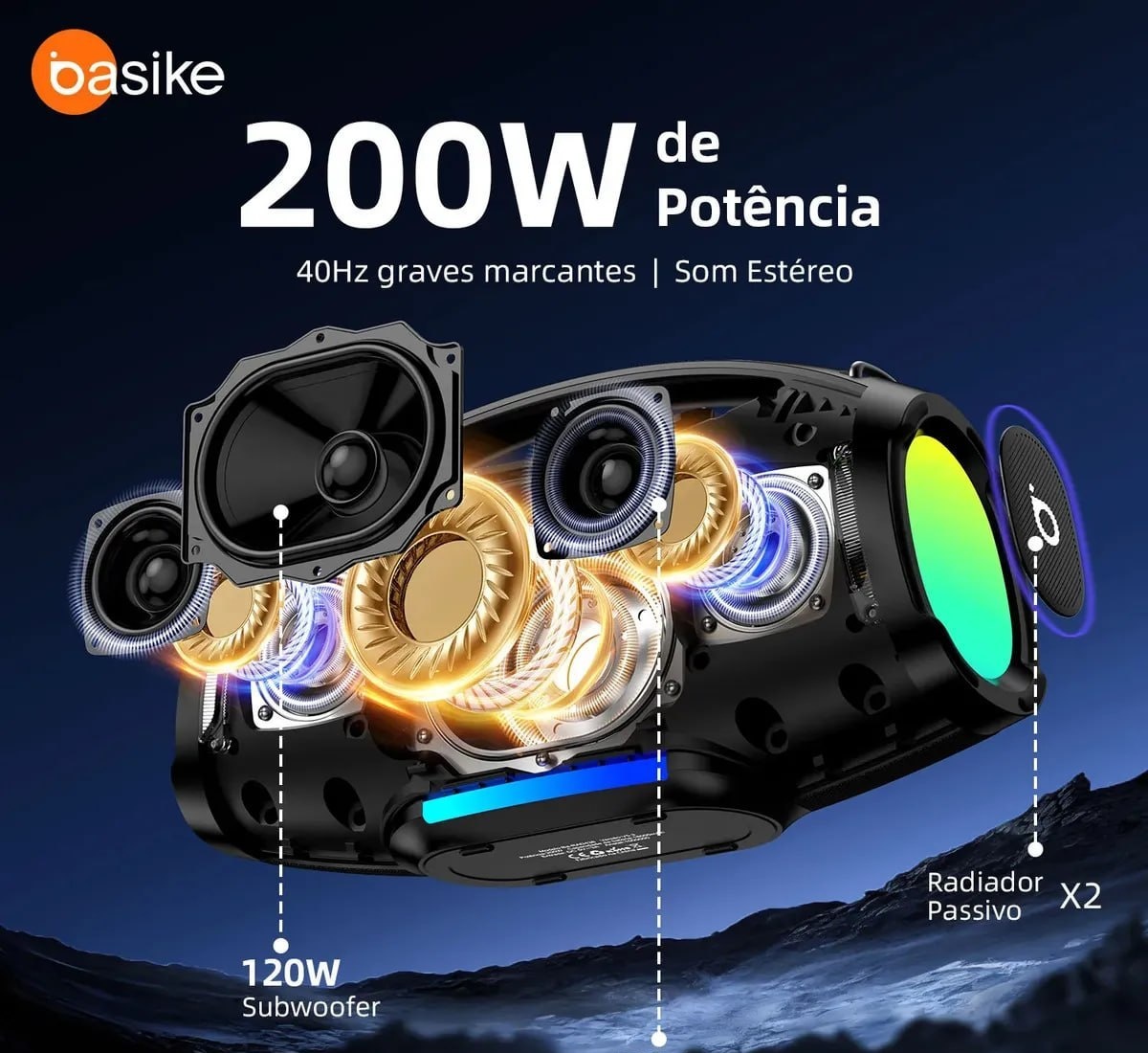 Caixa de Som Portátil Basike Bluetooth 200W