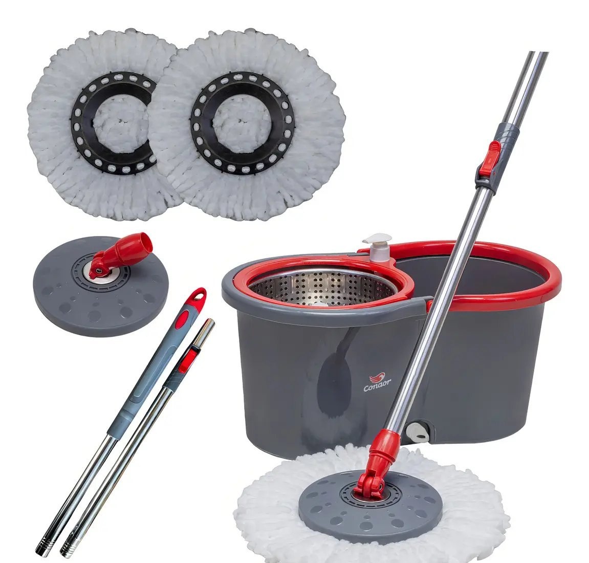 Mop Esfregão Giratório Condor Balde Inox 13 Litros  Refil Microfibra  Cabo Longo 1,4 Metros
