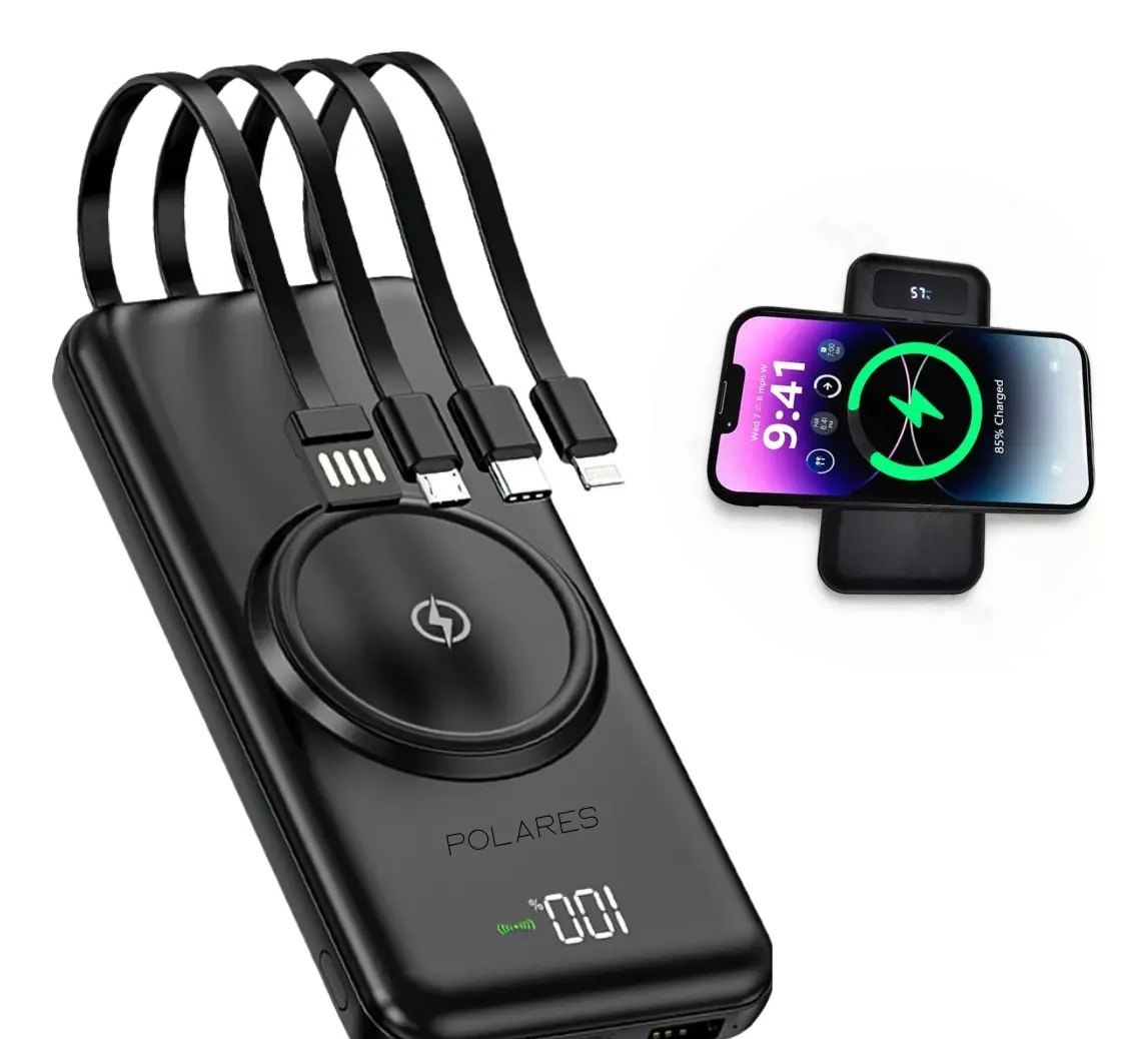 Power Bank Polares 20000mAh Com Indução e Cabos Integrados, Cor Preto