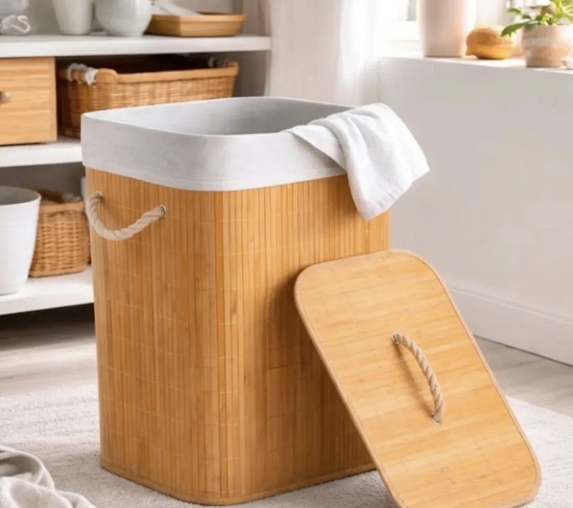 Cesto De Roupa Suja Bambu Dobrável Com Tampa Alças 72 Litros