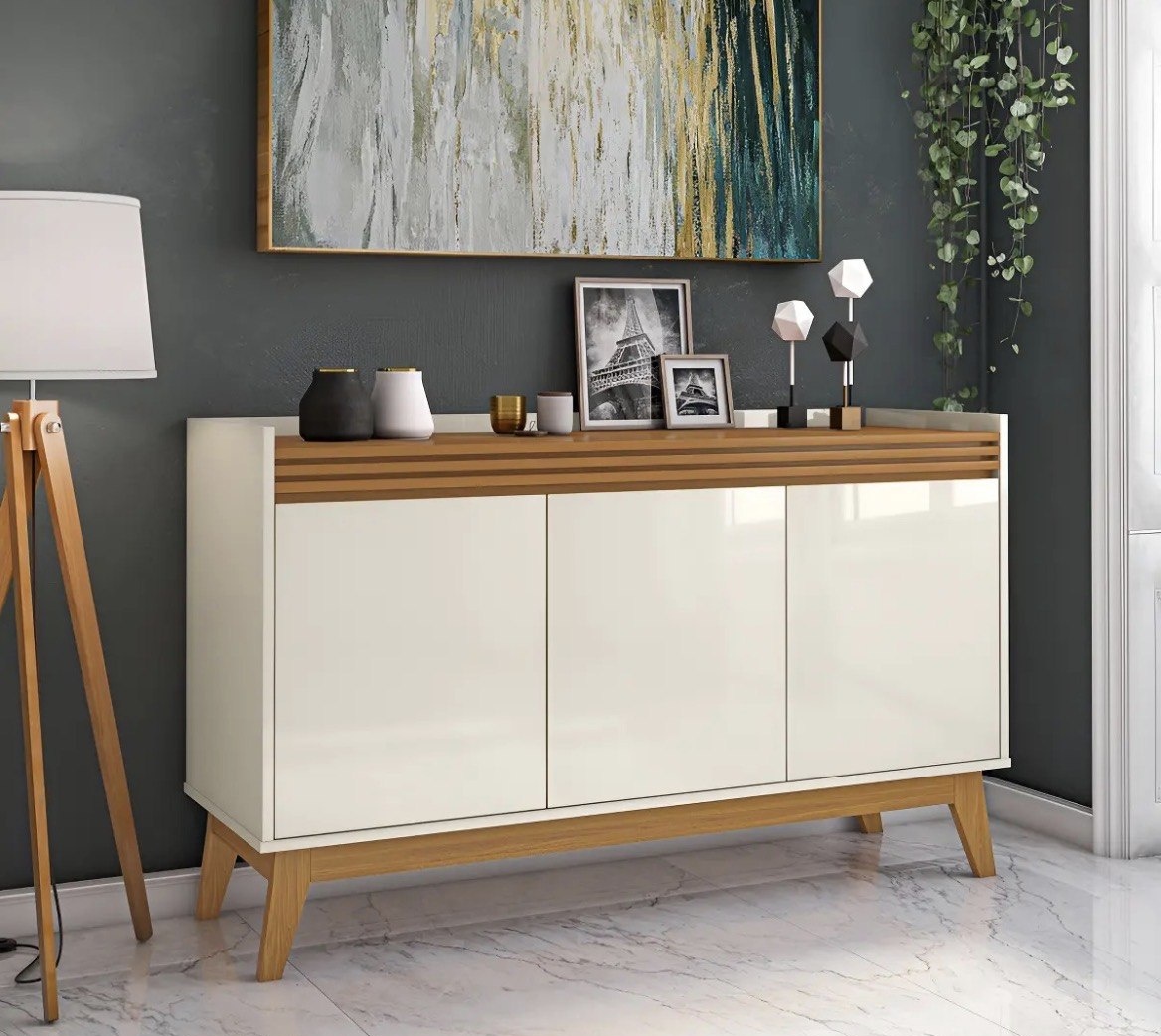 Buffet Aparador 3 Portas Ripado Astúrias 136cm Cor OFF WHITE