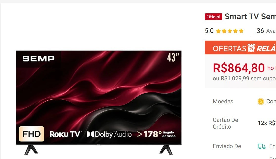 Smart TV Semp 43 43S42R Full HD Roku TV Dolby Audio Wi-Fi