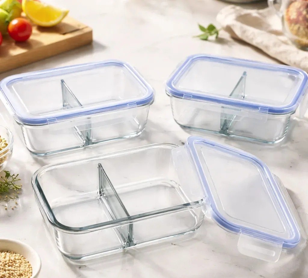 Conjunto 3 Potes Hermético Vidro C Divisória Marmita 640ml Transparente