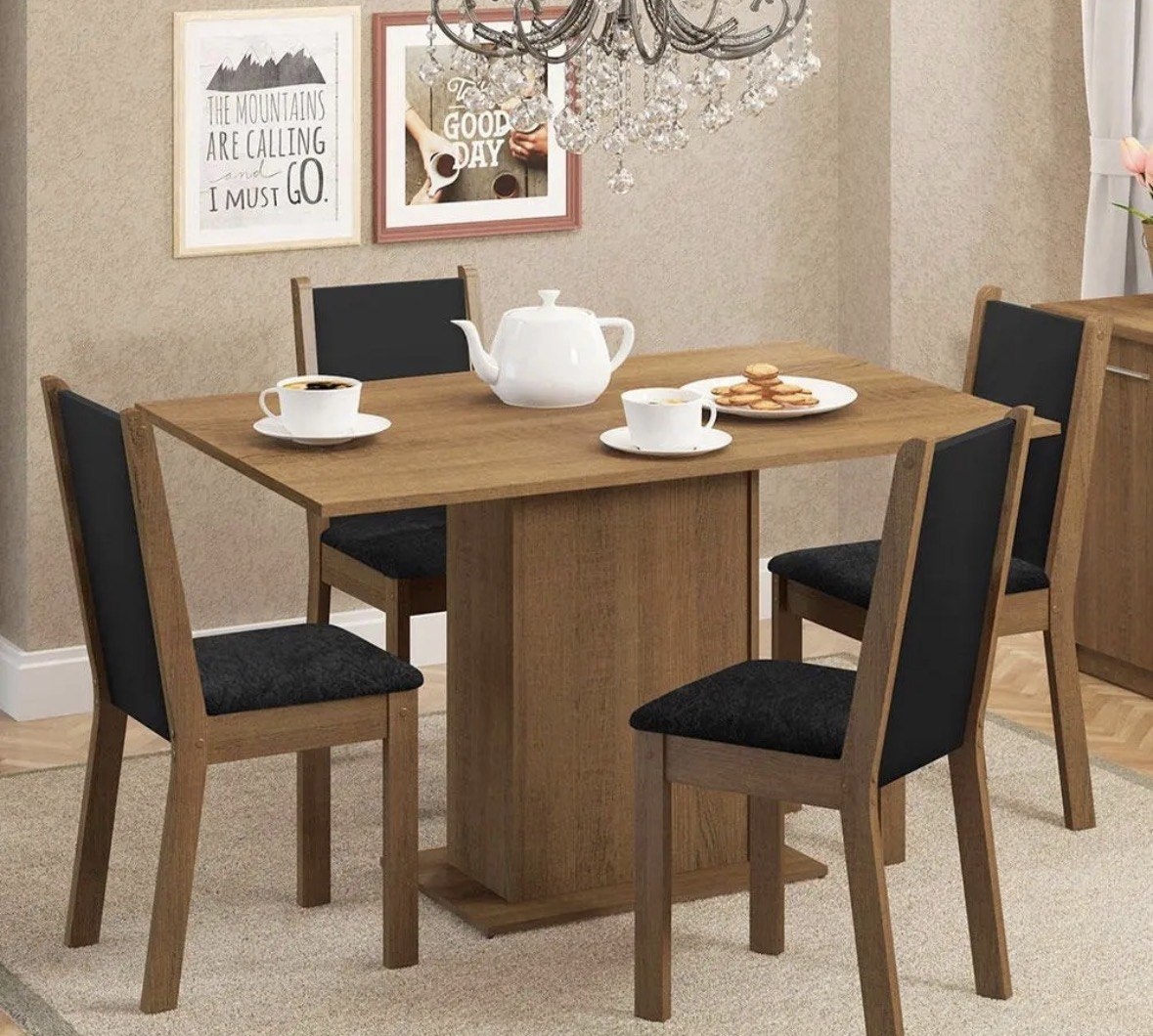 Sala De Jantar Madesa Talita Mesa Tampo Madeira 4 Cadeiras Cor RusticPretoOxford Desenho do tecido das cadeiras Liso