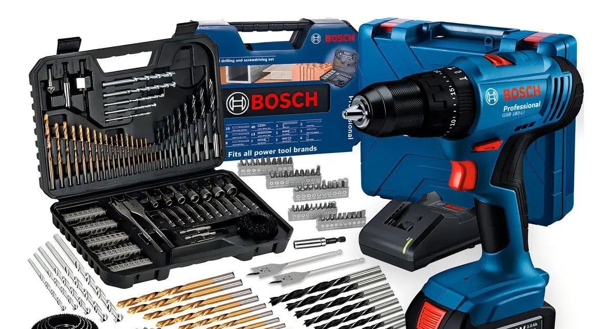 Parafusadeira E Furadeira De Impacto A Bateria 18v Bosch Gsb 183-li Maleta Com Kit Brocas E Bits Profissional 103 Peças