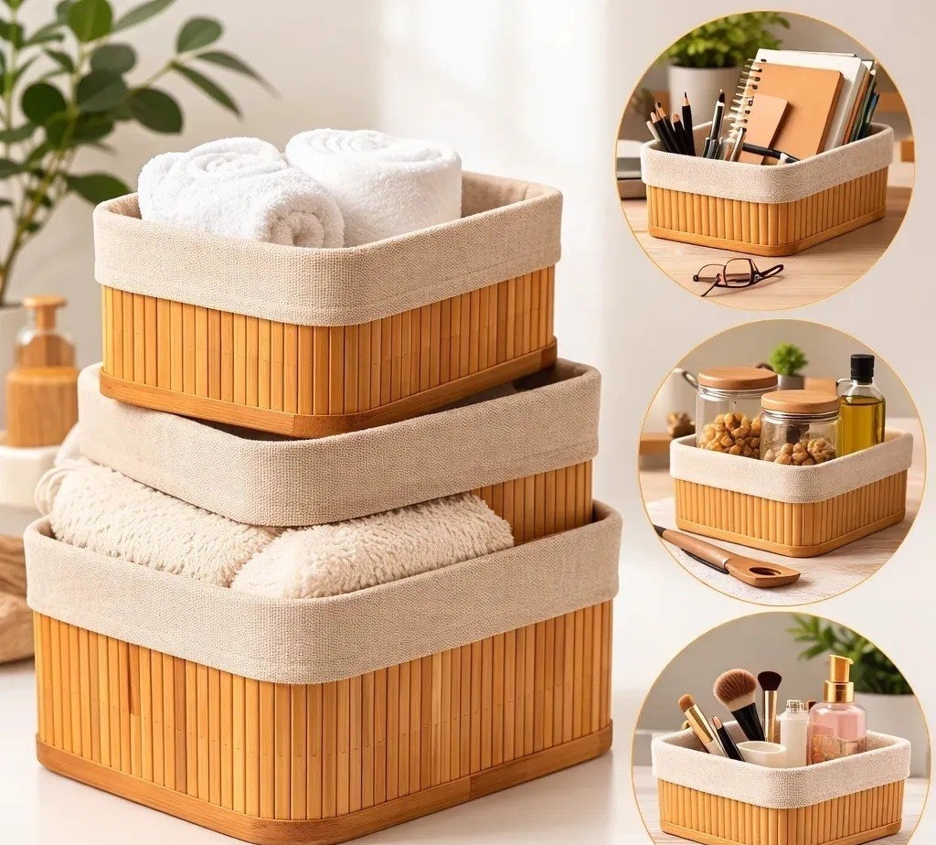 Kit 3 Cestos Organizador De Bambu Com Forro