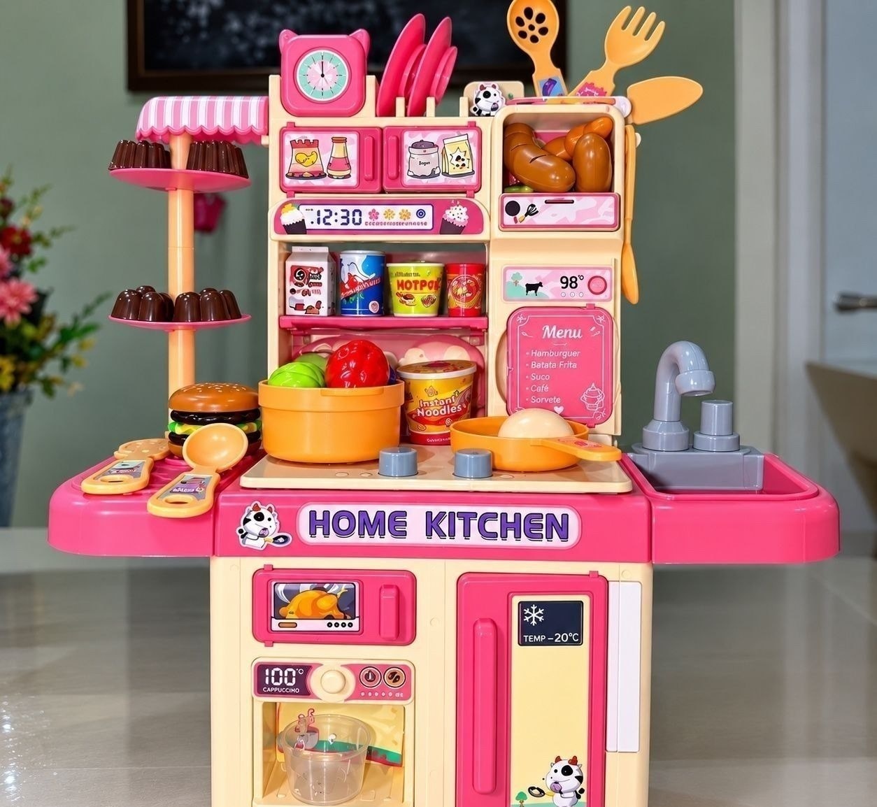 Cozinha Infantil Brinquedo Com Luz 33 Acessórios Sai Água Rosa