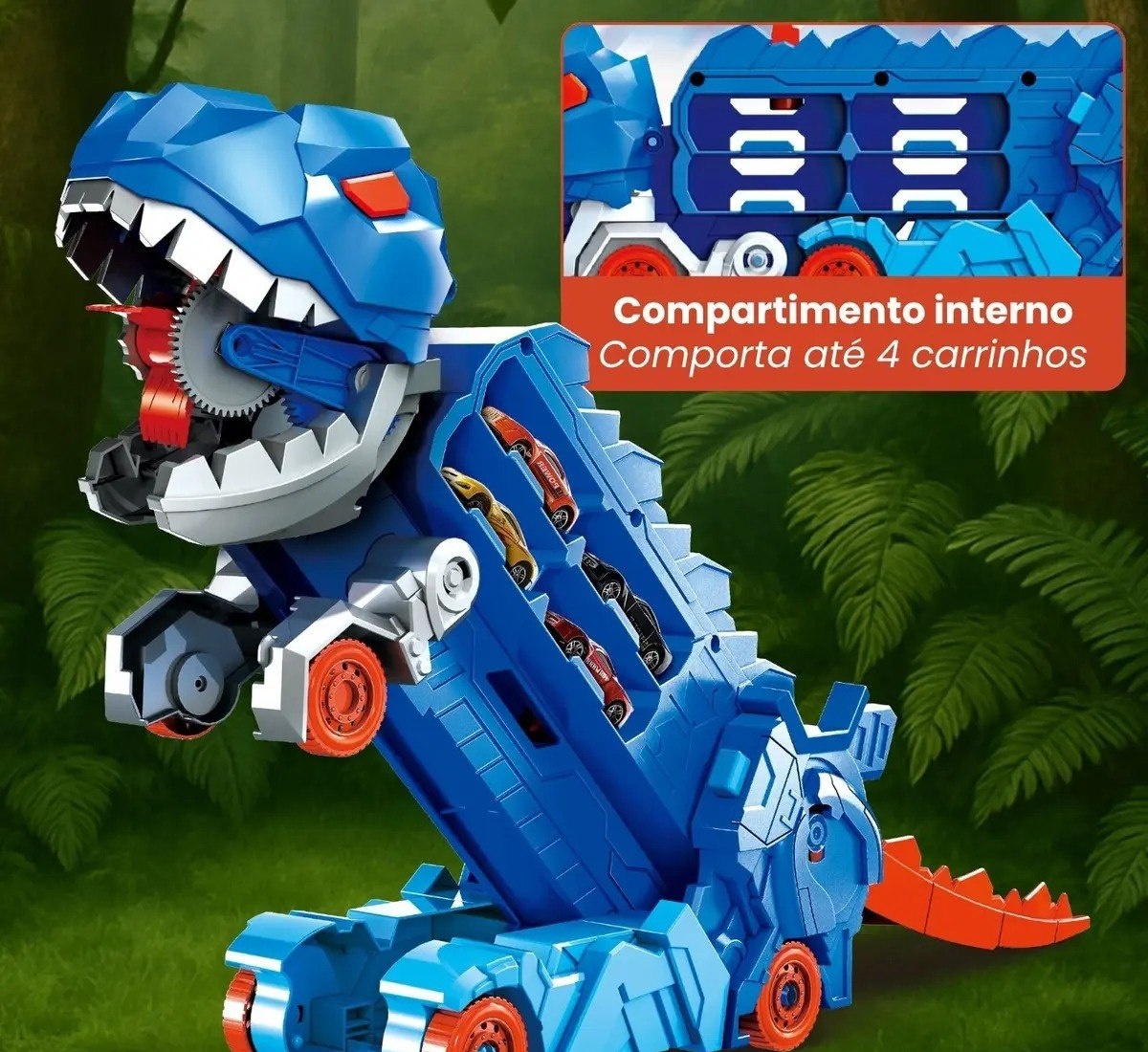 Caminhão Dinossauro Pista Com Carrinhos Maleta Transporte Cor Azul