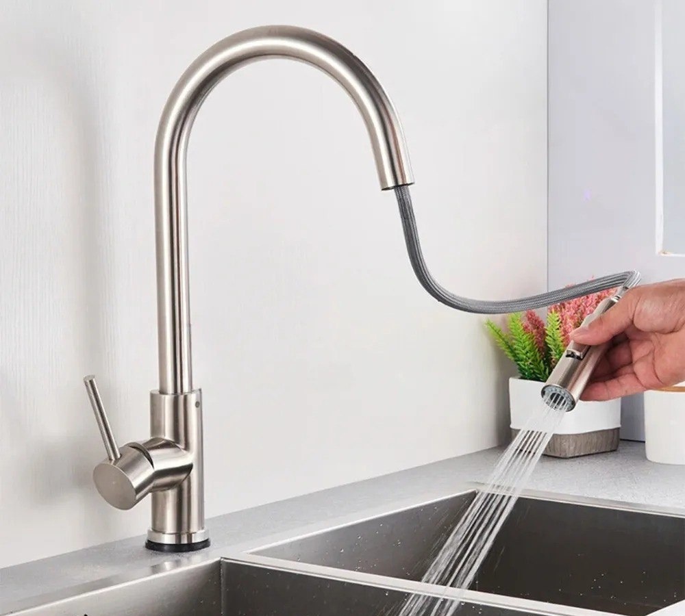Torneira Para Pia Cozinha Bancada Gourmet Monocomando Escovada Acabamento Aço Inox 304 Cor Prateado Escovado Winda Prateado Escovado