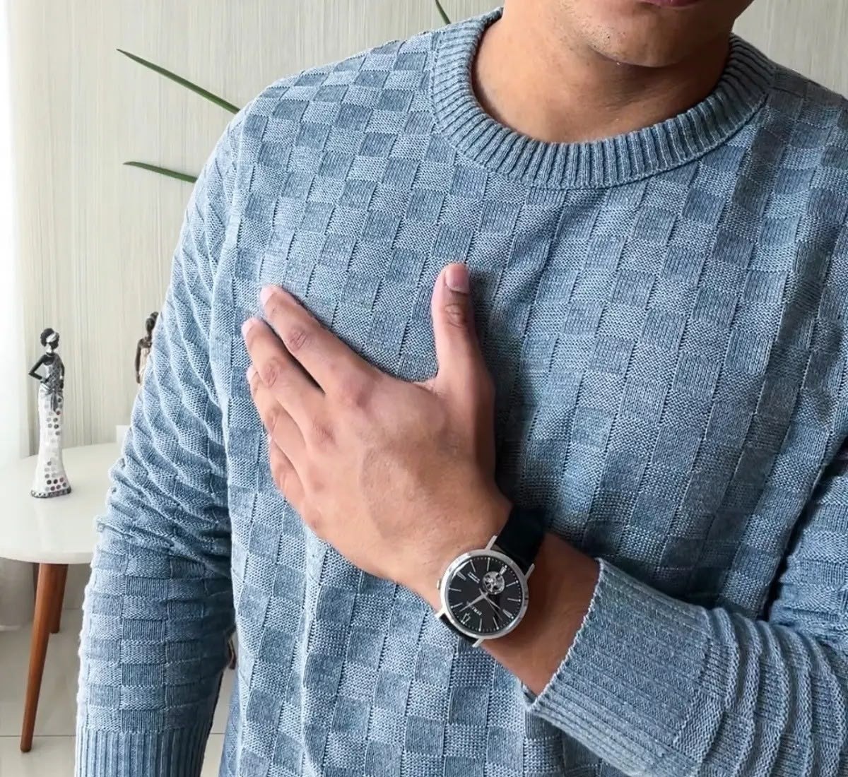 Suéter Lã Tricot Manga Longa Xadrez
