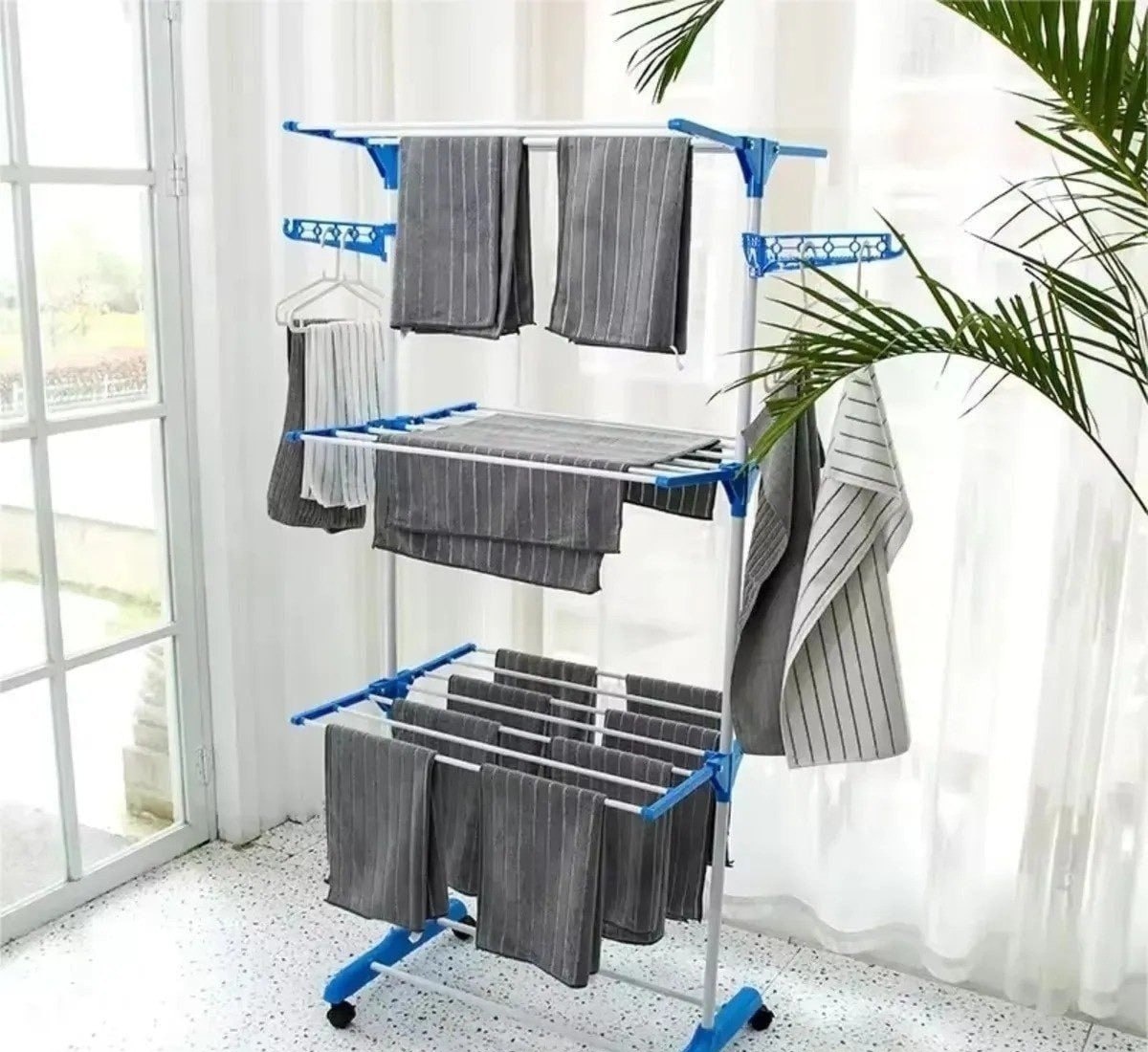 Varal De Chão Grande De Roupas 3 Andares Dobrável Cor Azul Kontuz 170 cm