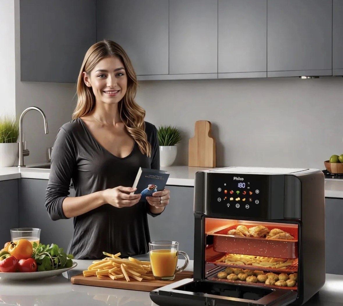 Philco PAF15C Fritadeira Air Fryer Oven 15 Litros Revestimento Redstone Porta Removível Luz Interna 10 Funções Preta