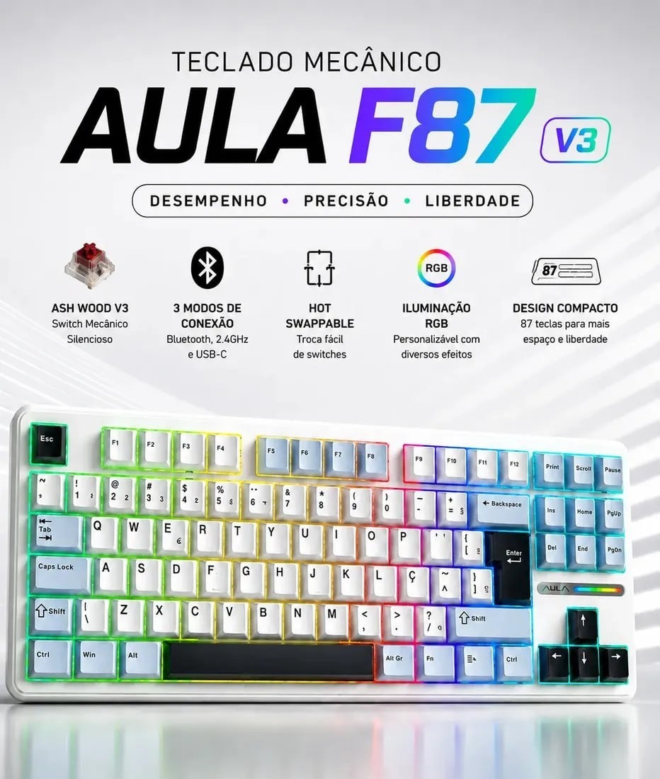 Teclado Mecânico Aula F87 Branco RGB Sem Fio Tri Mode Bluetooth 2.4GHz USB-C