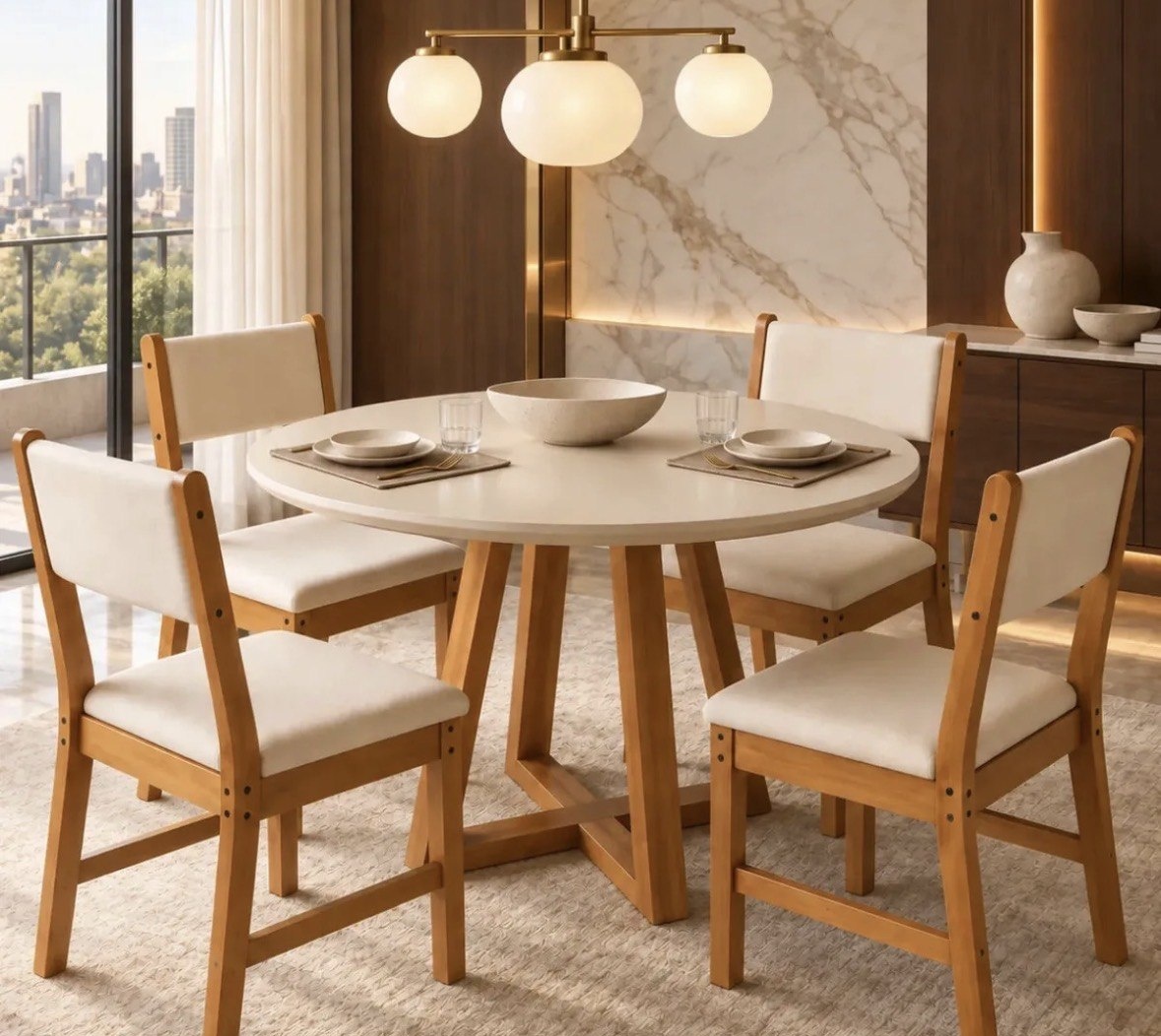 Sala de Jantar Mesa Redonda Valentina Off White Nature com 4 Cadeiras Lugano Freijó Marfim Estofadas Suede Sala Cozinha Moderna