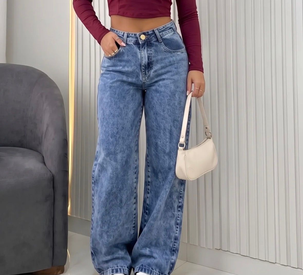 Calça Wide Leg Feminina Jeans Pantalona
