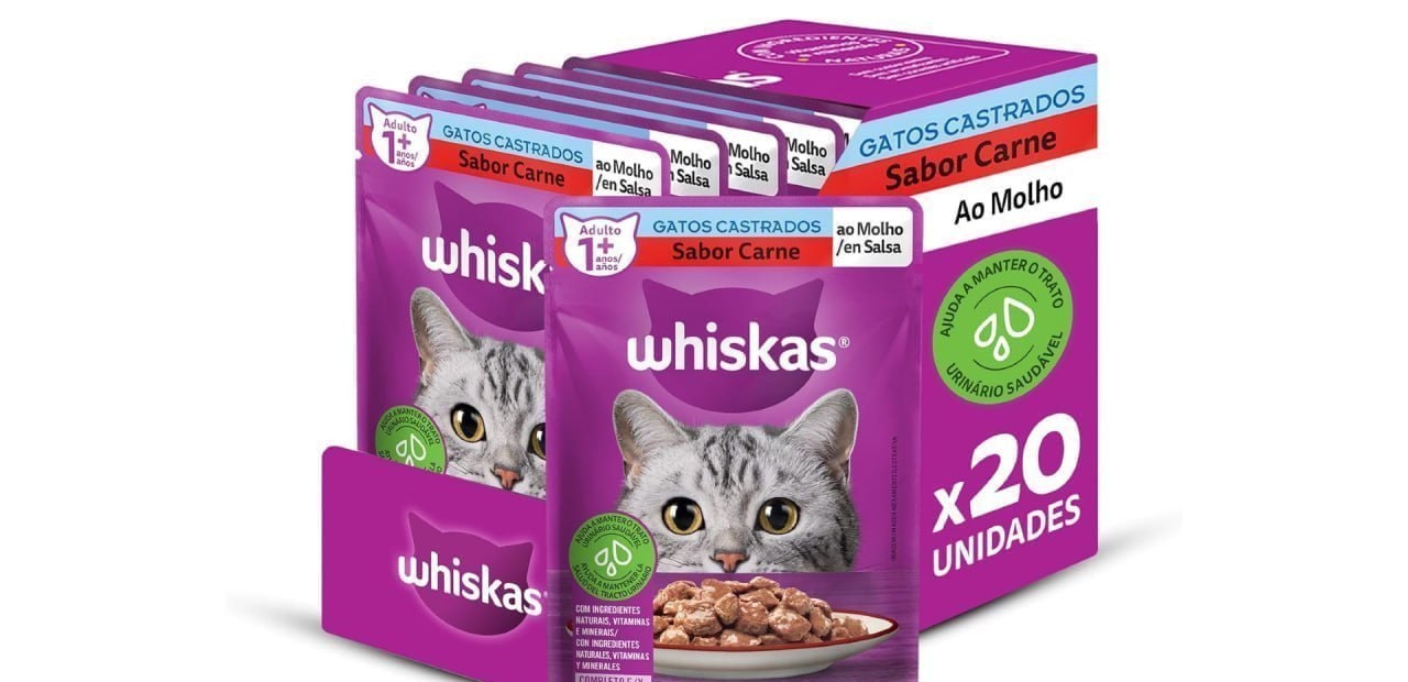Pack 20 un. Ração Úmida Whiskas Sachê Carne ao Molho para Gatos Adultos Castrados 85g